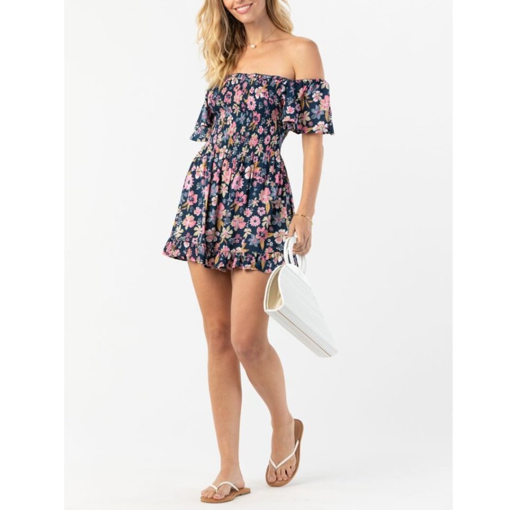 NWT Tiare Hawaii Floral Off Shoulder Mini Dress Navy Pink S/M